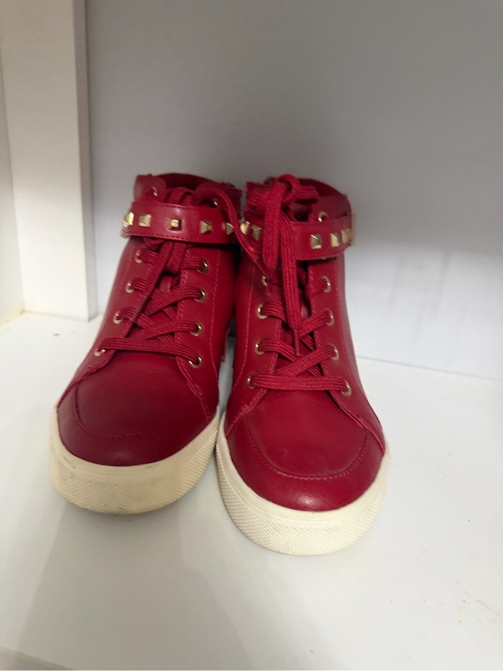 Aldo Red High-Top Sneakers with Gold Studs